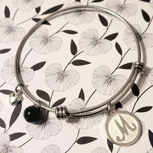 M Initial Adjustable Size Silver Tone Charm Bracelet with Heart